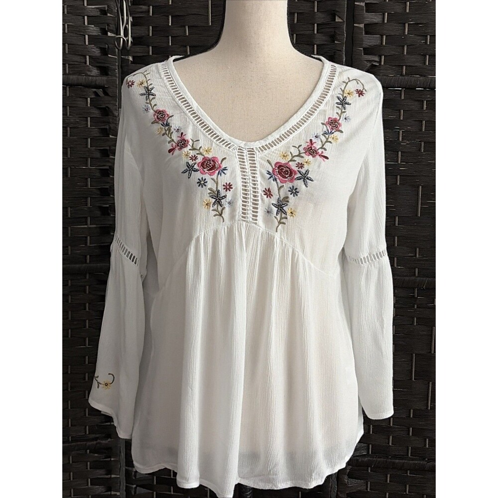 Westport Women’s Top Blouse Bell Sleeves Crochet Detail Boho Size Medium